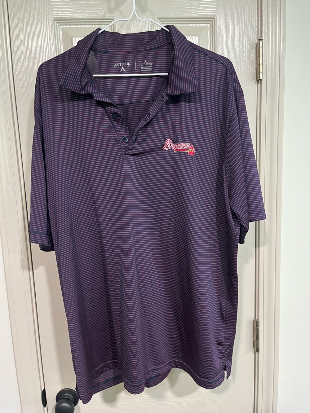 Antigua Men’s Atlanta Braves Purple Striped Polo
